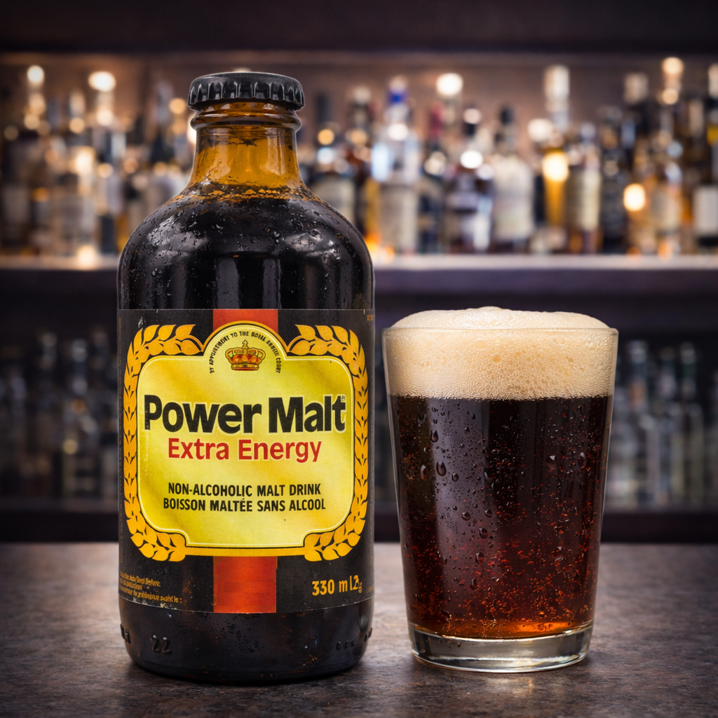 Power Malt Extra Energy served with a glass